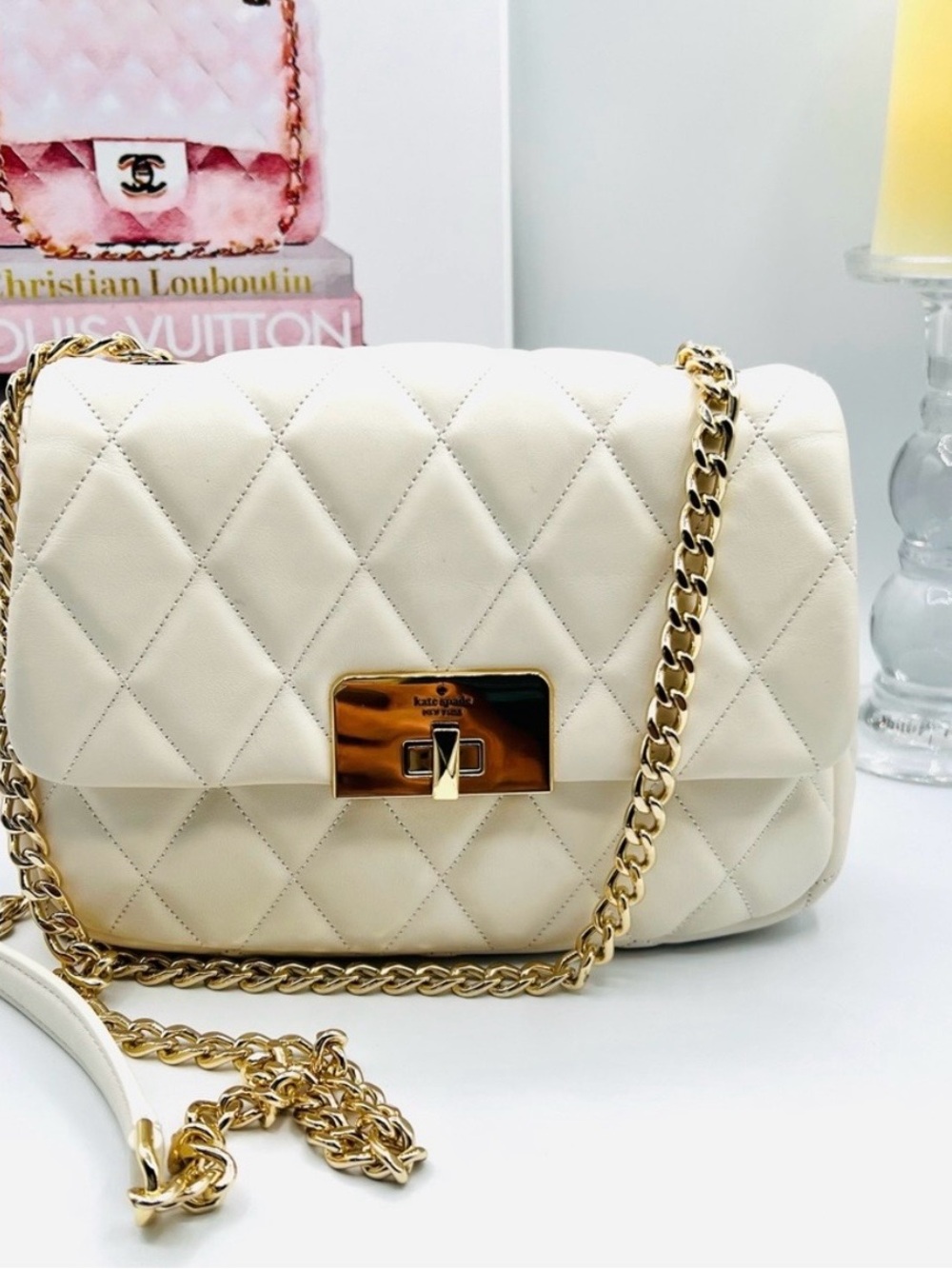 kate spade Carey Cream Quilted Crossbody with Gold Chain..Micro